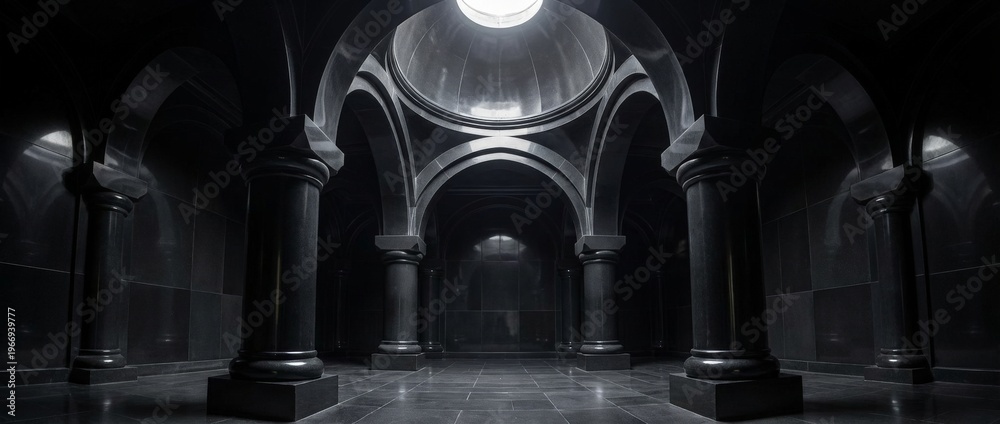 Fototapeta premium A dramatic interior view of an Armenian church with dark stone columns, arched ceilings, and a central dome illuminated by natural light from above.