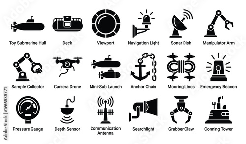 Diverse collection of black silhouette icons representing submarine parts, underwater exploration tools, and marine navigation equipment, ideal for user interface design, educational