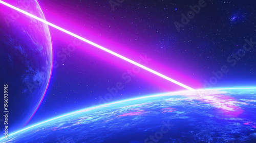 Vibrant cosmic scene featuring laser beam striking Earth from distant planet, surrounded by stars and nebulae, evokes sense