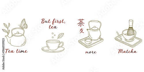 Tea Time And Matcha Elements With Japanese Text vector illustration