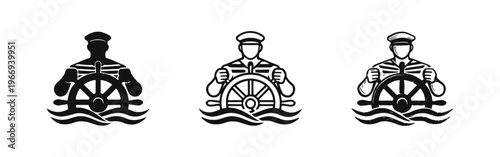 Captain at Ship's Wheel Icon Set - Nautical Maritime Steering Symbol