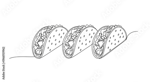 Three Tacos in a Row, Simple Line Drawing, Mexican Food Illustration