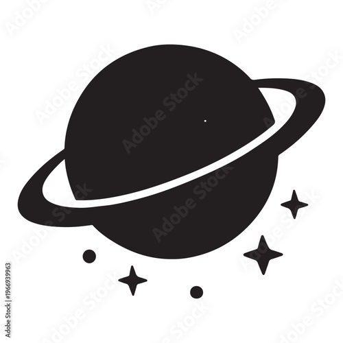 Cosmic Silhouette: A minimalist, high-contrast illustration of a celestial body, complete with a ring and stars, against the backdrop of the cosmos, hinting at the vastness and mystery of space.