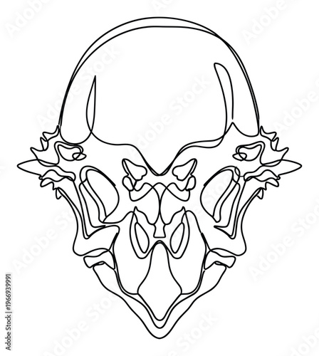 Minimalist continuous line drawing depicting a stylized dinosaur skull or ancient tribal mask, ideal for modern graphic design projects, unique apparel prints, or contemporary decor
