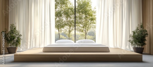 Modern bedroom with large window, trees, and natural light