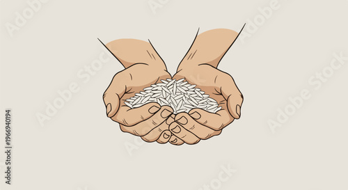 Cupped hands gently holding a pile of white rice grains