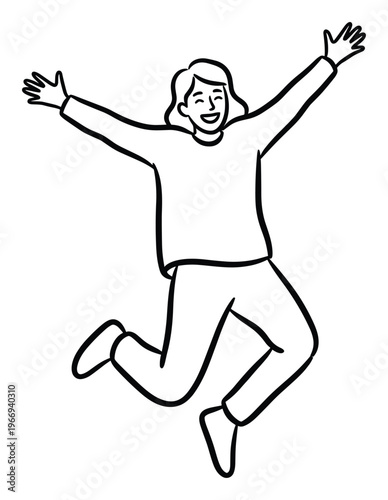 A cheerful young adult person is captured midair with outstretched arms and a wide smile, perfectly suitable for conveying happiness, success, and energetic lifestyle marketing materials.