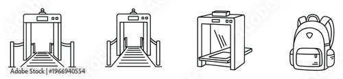 Walk through metal detectors, baggage Xray scanner, and a traveler backpack, representing security checkpoint procedures for public safety and travel screening applications.