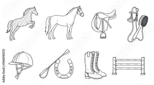 Extensive collection of equestrian sport equipment and horse riding accessories, featuring a majestic horse, saddle, bridle, helmet, boots, and a horseshoe, perfect for hobby and
