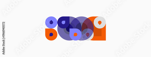 Abstract shapes overlap, creating vibrant composition. Purple, orange hues dominate white background. Modern design elements present.