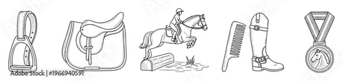 Comprehensive collection of equestrian sport equipment and a horse rider jumping an obstacle, ideal for sports publications and themed marketing campaigns.