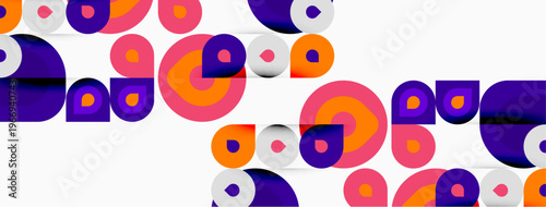 Abstract circles overlap, creating vibrant patterns. Orange, purple, pink hues dominate white background. Modern design element.