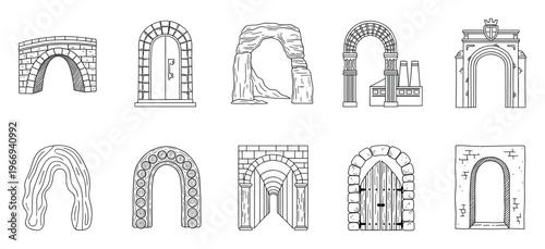 Collection of diverse architectural archways and natural rock arches, including historical structures, doorways, and bridges, ideal for graphic design projects and educational materials.