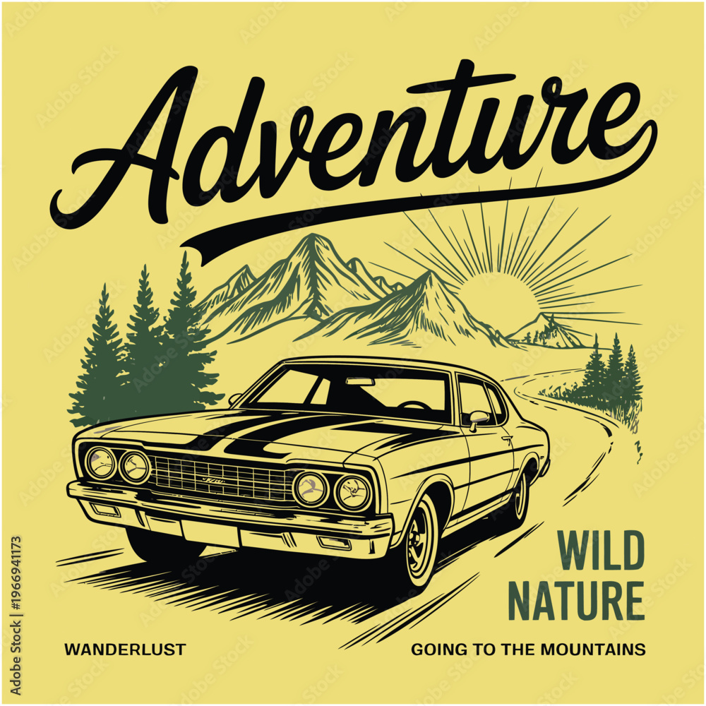 Fototapeta premium Adventure car on mountain road yellow background Keywords: car, vintage car, classic car, road