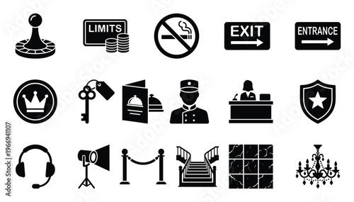 A comprehensive set of modern glyph icons depicting various aspects of luxury hospitality, casino, hotel services, and event management for industryspecific digital and print applications.