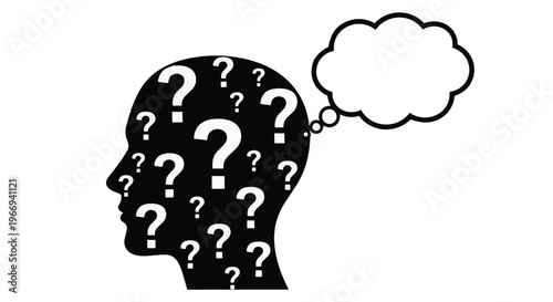 A black silhouette of a human head filled with question marks and a thought bubble