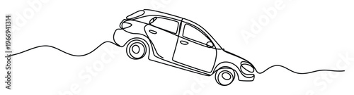 Minimalist continuous single line drawing of a car driving on a wavy road, perfect for conceptual transportation graphics, automotive industry presentations, or travel blog headers.