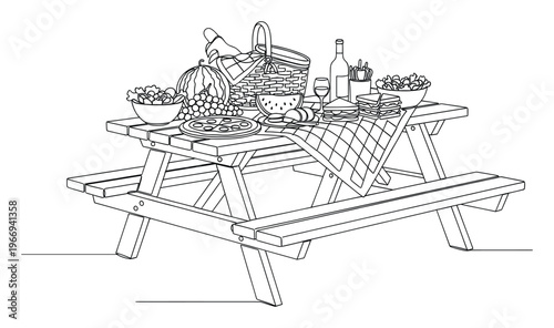 A welcoming outdoor picnic table laden with fresh fruits, delicious sandwiches, and a full basket, perfect for summer gathering promotions or vacation spot advertisements.