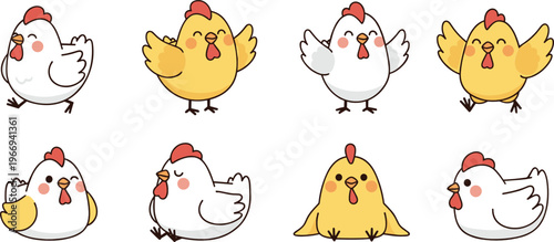 Cute cartoon chicken set kawaii farm animals collection funny hen chick characters hand drawn vector illustration