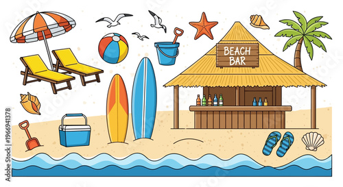 Tropical Beach Bar Scene with Surfboards, Lounge Chairs, and Ocean Waves