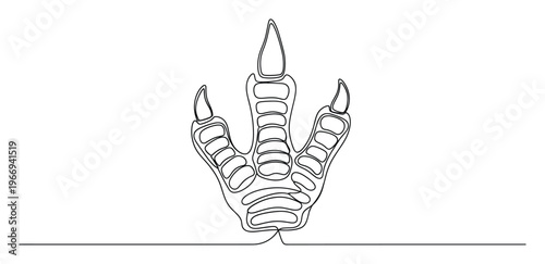 Minimalist continuous line drawing of a prehistoric dinosaur footprint with detailed claw marks representing ancient wildlife and primeval history for educational materials and adventurous