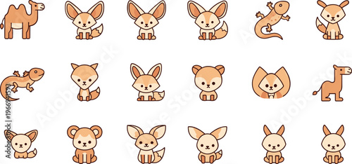 Canvas Print Cute desert animals icons set camel fennec fox lizard bunny bear kawaii cartoon