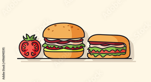 Two delicious burgers and a fresh tomato slice on a light background, flat illustration