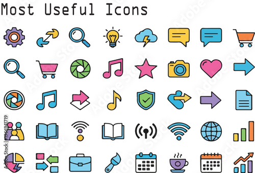 Creative Flat Design Icons Pack with Bright Colors and Outline Style for Applications, Websites, User Interface Design, and Digital Marketing Projects