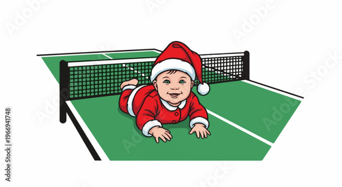 Cute baby in Santa suit crawls on a green ping pong table