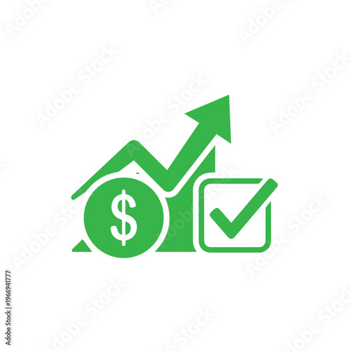 Green financial growth chart icon illustrates successful monetary achievement and verified progress on a white background.
