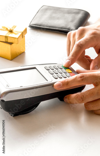 Present purchase with payment by card on white background