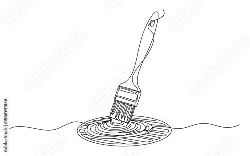 Minimalist continuous line drawing depicting a painters brush dipping into a fresh puddle of liquid paint, conveying themes of renovation, new beginnings, or the joy of handmade crafts,