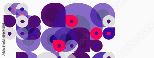 Abstract composition. Overlapping circles, varying sizes, purple hues dominate. Pink accents present. Minimalist design, clean background.