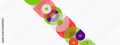 Abstract colorful circles overlap diagonally. Bright hues create dynamic visual pattern. Simple shapes, modern design.