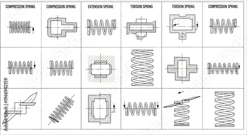 Types of Springs: Compression, Extension, Torsion, Leaf, Helical - Technical Drawings