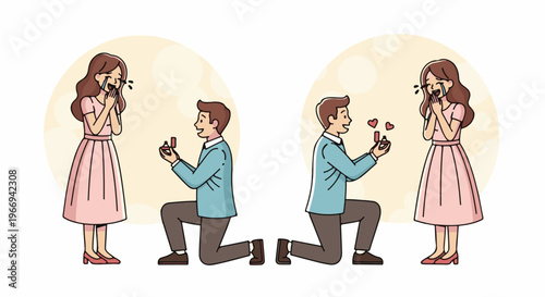 Couple on one knee, proposing with a ring, while the other happily cries