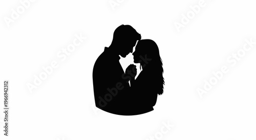 Couple in silhouette, foreheads touching, holding hands