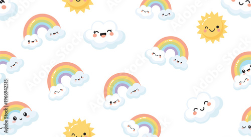 Cute rainbow and clouds seamless pattern cartoon sky background with sun happy kawaii vector illustration