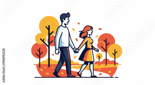 Couple walking hand in hand in a stylized autumn park