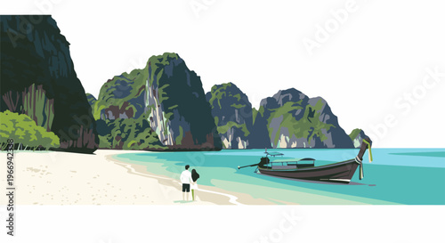 Couple walks on a pristine beach beside a traditional boat and majestic limestone cliffs