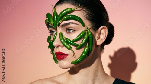 Sensual Spice: A stunning woman with her face artfully adorned with vibrant green chili peppers, embodies a fusion of beauty, nature, and captivating style.