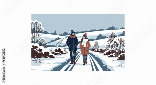 Couple walking on a snowy path through a winter landscape