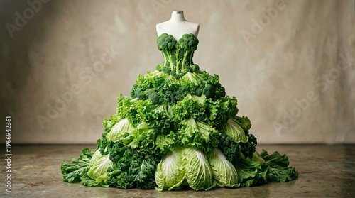 Vegetable Dress: An innovative concept showcasing a stunning dress artfully crafted entirely from fresh vegetables, representing the beauty and potential of sustainable living and healthy eating.