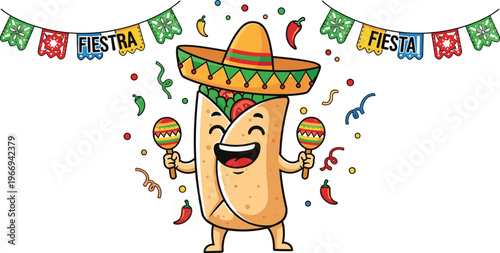 Cute burrito fiesta cartoon character wearing sombrero with maracas confetti and Mexican party decorations isolated on white background
