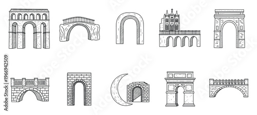 A collection of various historical and modern architectural arch structures and bridges presented in a hand drawn line drawing style suitable for construction or urban planning visuals