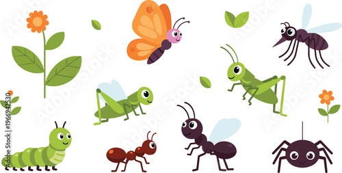 Cute garden insects set butterfly ant grasshopper caterpillar mosquito spider cartoon bugs vector illustration collection