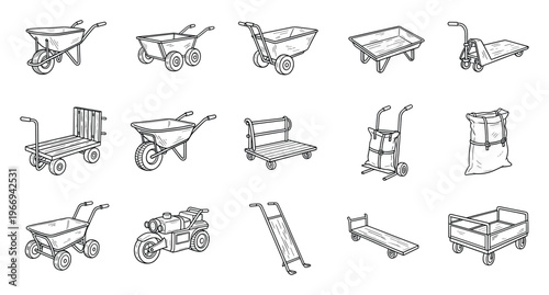 Collection of various handdrawn outline icons showcasing different carts wheelbarrows and hand trucks for material transport and logistics operations
