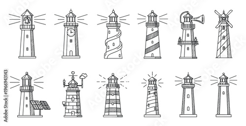 A comprehensive collection of line art lighthouses featuring diverse designs and symbolic elements for maritime themes, navigation guides, and travel related educational materials.