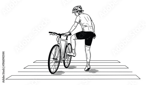 A person wearing a cycling helmet and athletic gear pushes a bicycle across a marked pedestrian crossing, illustrating urban transportation and road safety for active commuters.