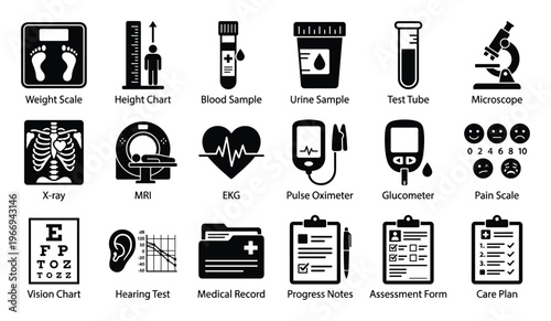 Extensive collection of medical examination and diagnostic procedure symbols representing essential healthcare assessment tools and patient management forms, perfect for health clinic